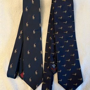 Pair of Hand-made Blue Polo Neckties - Ponies and Pheasants - Like New